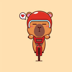 Cute capybara mascot cartoon character illustration ride on bicycle