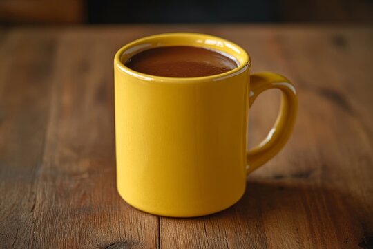 Chocolate in a yellow mug on a wooden table, Generative AI - Powered by Adobe