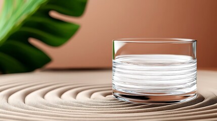 Crystal clear glass on textured sand surface with green leaf, showcasing minimalist design