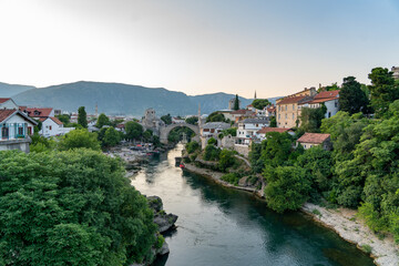 Old Bridge and Neretva River at sunset in Mostar, Bosnia and Herzegowina