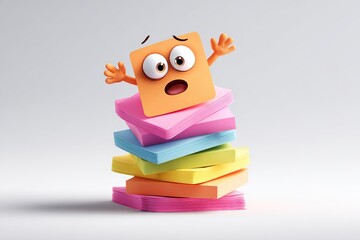 Confused sticky note character on top of a messy stack of colorful notes in a bright setting