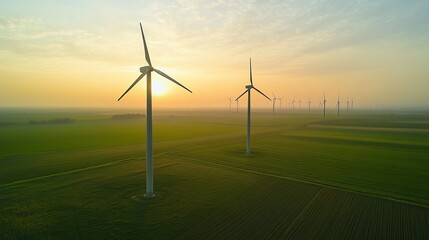 Aerial view of wind turbines in a vast green field at sunrise, showcasing renewable energy and sustainable technology