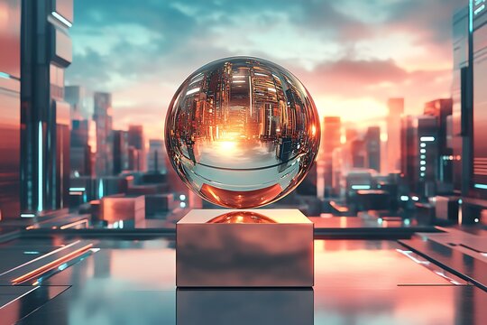 A rose gold glass sphere delicately balanced on a sleek pedestal floating over a cybernetic city dynamic lighting effects detailed 3D illustration ambient reflections ultra HD