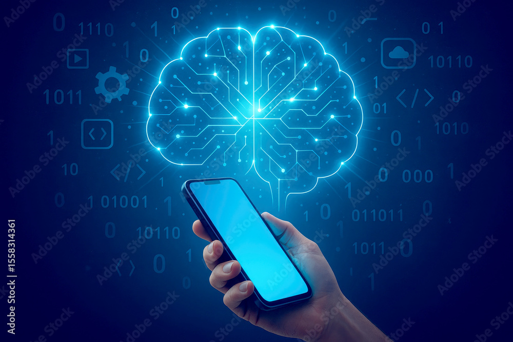Poster hand holding smartphone with glowing digital brain and binary code technology