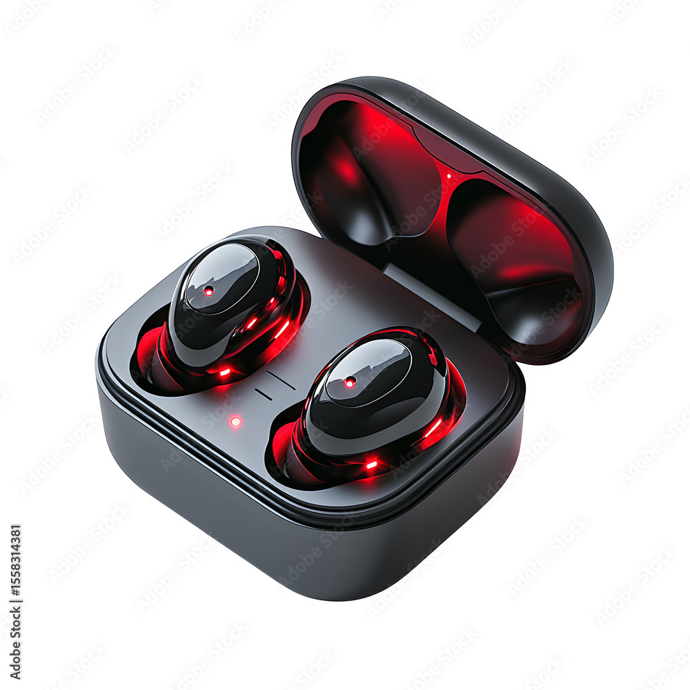 Fototapete hyper realistic pair wireless earbuds charging case matte black, red leds isolated pure white backgr