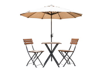 Cafe table with two chairs and a large parasol umbrella set up for outdoor dining on a sunny day in a relaxed environment