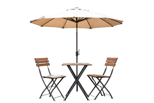 Cafe table with two chairs and a large parasol umbrella set up for outdoor dining on a sunny day in a relaxed environment