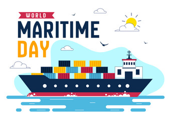 Naklejka premium World Maritime Day Vector Illustration with Sea and Ship for Shipping Safety, Security, and Marine Environment in a Nautical Flat Background