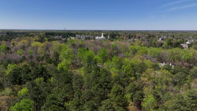 Aerial LDS Temple and church Richmond Virginia forest 1. The Church of Jesus Christ of Latter-day Saints, LDS, Mormon Church. Christian religion. Spiritual sacred church. Urban neighborhood