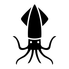 Black silhouette illustration of a squid, isolated on white
