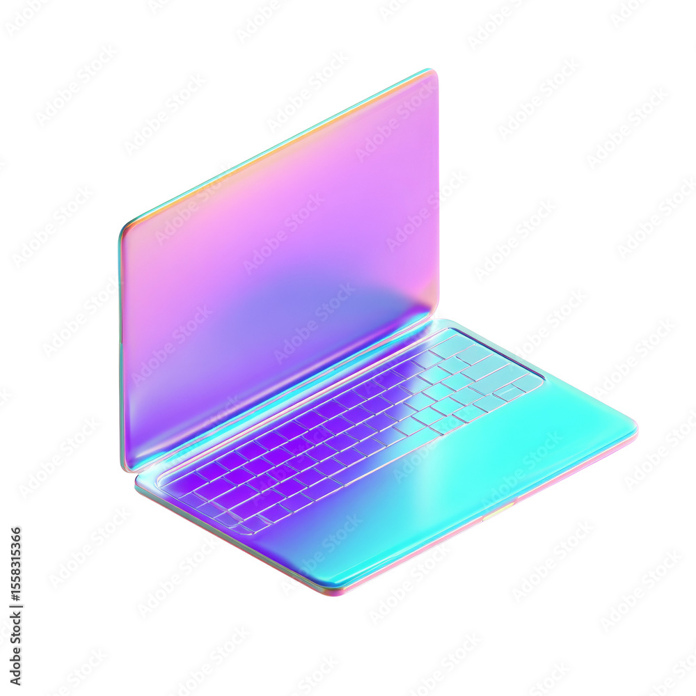 Poster Iridescent Laptop Rendering with Abstract Lighting on Transparent Background Glossy Tech