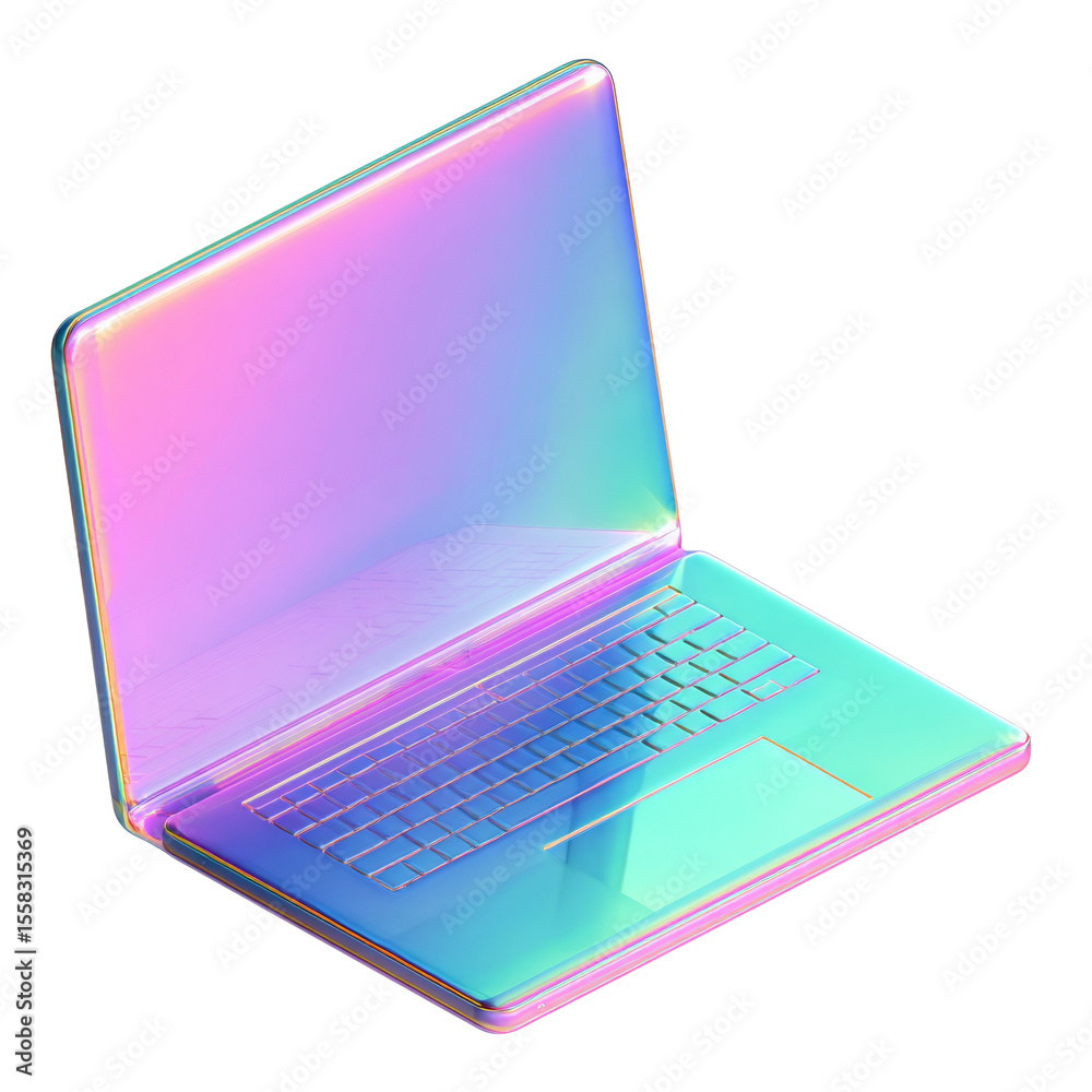 Poster iridescent holographic laptop floating on transparent background showcasing modern technology