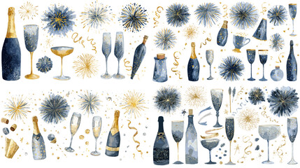 Elegant watercolor celebration set with champagne glasses, bottles, fireworks, and sparkles. Perfect for New Year, party, or festive designs.

