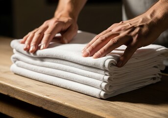 Obraz premium Person folding white towels on wooden table in indoor environment 