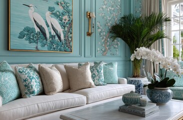 A living room designed featuring a light green and white color scheme with floral patterns on the walls