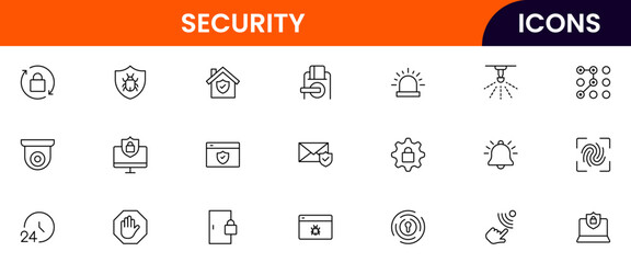 Vector line icons of locks, shields, passwords, surveillance, cybersecurity, encryption, antivirus, biometrics, and data protection perfect for apps, websites, and tech platforms.