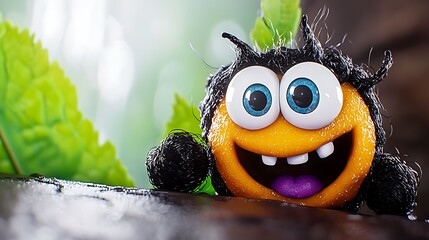 Cute animated character resembling a spider with large eyes and a cheerful expression in a lush green environment