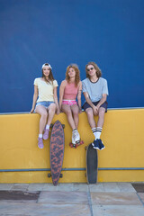 Group of young skaters relaxing against colorful wall