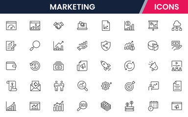Vector illustration web line icon collection for sales & marketing: funnels, charts, promotions, and customer engagement symbols in a vibrant, modern, and dynamic design style.