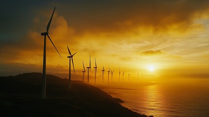 Coastal wind turbines silhouetted against a vibrant sunset over a calm sea