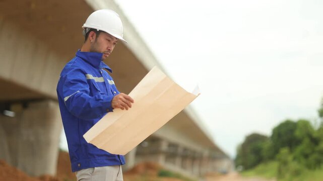 inspector or engineer is inspecting construction and quality assurance new house using a blue print. Engineer or architects or contactor work to build the house before handing it over to the homeowner