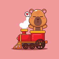 Cute capybara mascot cartoon character illustration ride on train