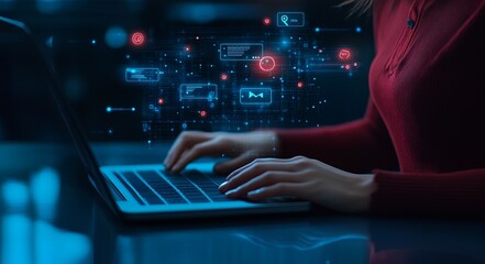 A woman working on a laptop, digital interface overlays