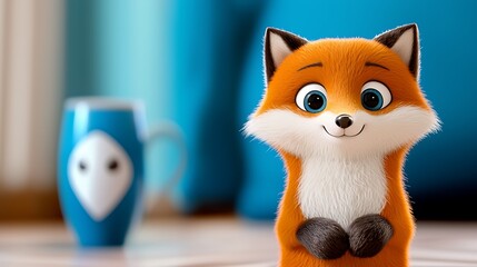 Cute animated fox character smiling in a cozy indoor setting with a blue mug in background