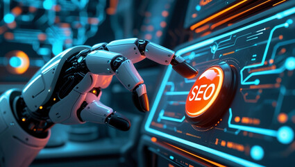 Futuristic Robotic Hand Pressing SEO Button on Digital Interface  AI-Powered Search Optimization Concept