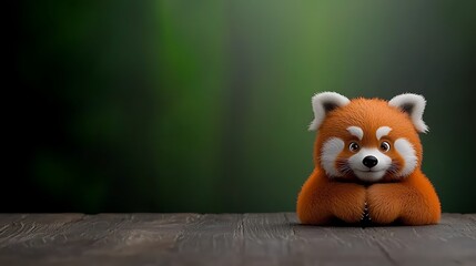 Cute animated red panda plush toy sitting on a wooden table with a blurred green forest background