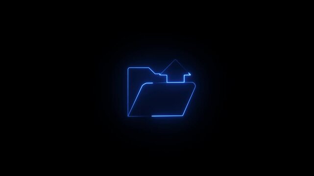 Glowing neon animation of a folder icon with an arrow, concept of uploading files to a folder.video animation .