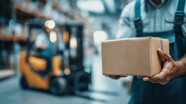 Worker hands holding a box in a warehouse environment with forklift and distribution for delivering parcels.