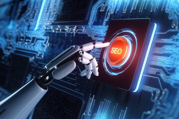 Futuristic Robotic Hand Pressing SEO Button on Digital Interface  AI-Powered Search Optimization Concept