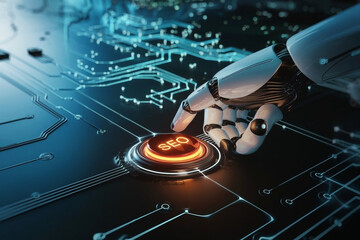 Futuristic Robotic Hand Pressing SEO Button on Digital Interface  AI-Powered Search Optimization Concept