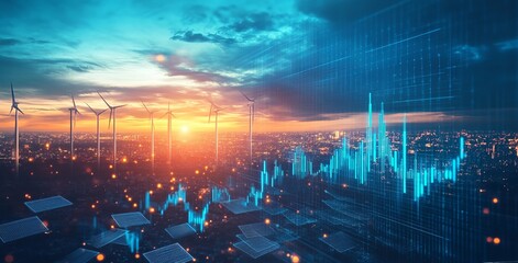 Sunset cityscape with wind turbines and solar panels overlaid with a financial growth graph, symbolizing renewable energy investment and economic progress