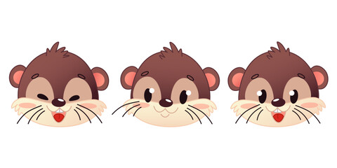 Three cartoon otter faces displaying different emotions. The otters have brown fur, round faces, and prominent whiskers. They exhibit happiness, neutrality, and curiosity.