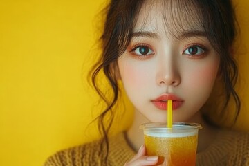 Asian young woman drinking soda, isolated on a background, Generative AI