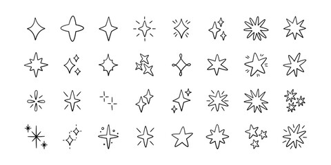 Doodle glitter twinkle star icons set. Hand drawn shine star burst symbol. Sketch magic blink collection. Doodle spark line icons. Vector illustration on white background.