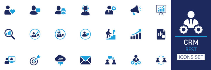 customer relationship management best icon set. Includes audience, client, loyalty, marketing, communication, report, segmentation, cloud, solid vector illustration set.