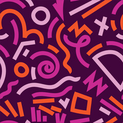 Abstract 80s or 90s hand drawn seamless pattern. memphis style hand drawn illustration. Bright trendy color palette. Circles, squares, lines, spiral. Pink, violet, orange.