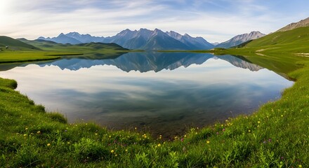 Serene mountain lake reflecting a dramatic mountain range under a partly cloudy sky.
