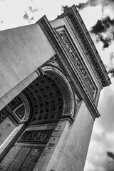 The Arc de Triomphe in Paris, France. Black and white photo.