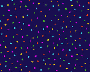 Crayon polka dot seamless pattern. Cute doodle polkadot texture. Hand drawn color chalk scribble round shape background. Baby kids seamless pattern. Vector illustration isolated on blue background.