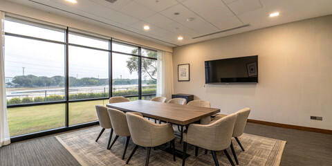 Naklejka premium A Stylish Meeting Interior with a Table and Armchairs and a TV Screen for Collaboration