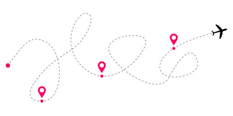 Set of aircraft route lines with dashed and dotted pathways for airplane travel illustrations and global flight tracking maps showing aviation network patterns and sky navigation routes