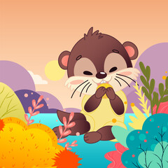 A cute cartoon otter with a shell sits on the bank of a colorful river surrounded by bright plants and trees. The background depicts a sunset with soft pastel colors. Vector illustration