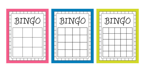Blank bingo game cards without numbers. Empty lotto ticket templates for gambling and casino themes. Vector set of clean keno betting sheets for entertainment, party games and lucky draws.