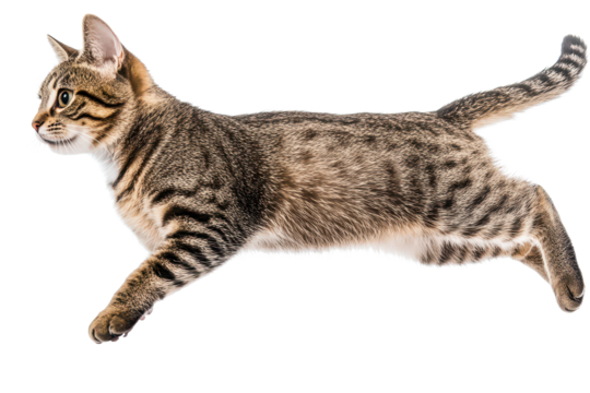 Shorthair cat jumps playfully across a transparent background in an energetic display of agility and grace