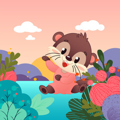 A cute cartoon otter sits on the bank of a colorful river surrounded by bright plants and trees. The background depicts a sunrise with soft pastel colors. Vector illustration