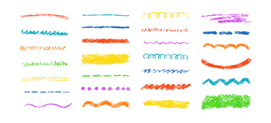 Hand drawn crayon scribble lines. Doodle chalk marker line stripes collection. Wavy chalk texture underlines. Handmade brush scribble dividers. Vector illustration isolated on white background.